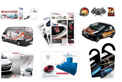 Kompilacja projektów graficznych: oklejony van z grafiką, ulotki samochodowe, wizualizacje oklejonego samochodu osobowego z motywem płomieni, zawieszki na klamkę z grafiką samochodową, grafika...